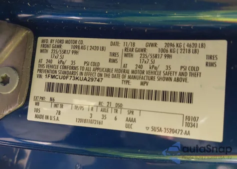 2019 Ford Escape S from USA, damaged, VIN 1FMCU0F73KUA29747